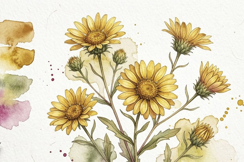 Ilustración botánica de un Botón de Oro (Grindelia) pintado con técnica de acuarela profesional, parte de nuestro curso de acuarela online.